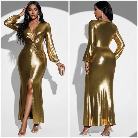 Lovely Rosetta Dresses & Skirts - (Out of stock) Gold Plunge Twisted Slit Midi Dress